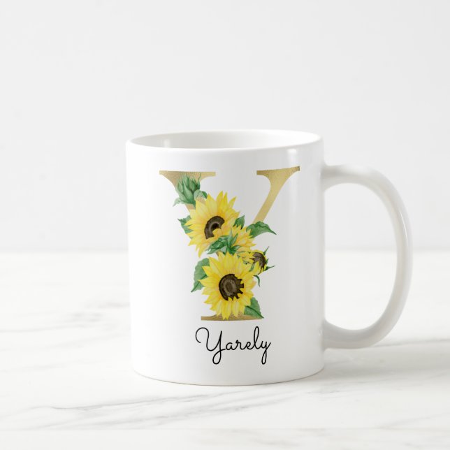 Monogrammed Gold Sunflower Floral Initial Y Coffee Mug (Right)