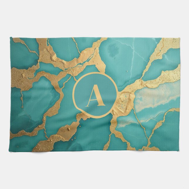 Monogrammed Gold & Teal Luxe Marble Tea Towel (Horizontal)