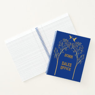 Monogrammed Gold Trees with Birds on Blue Notebook