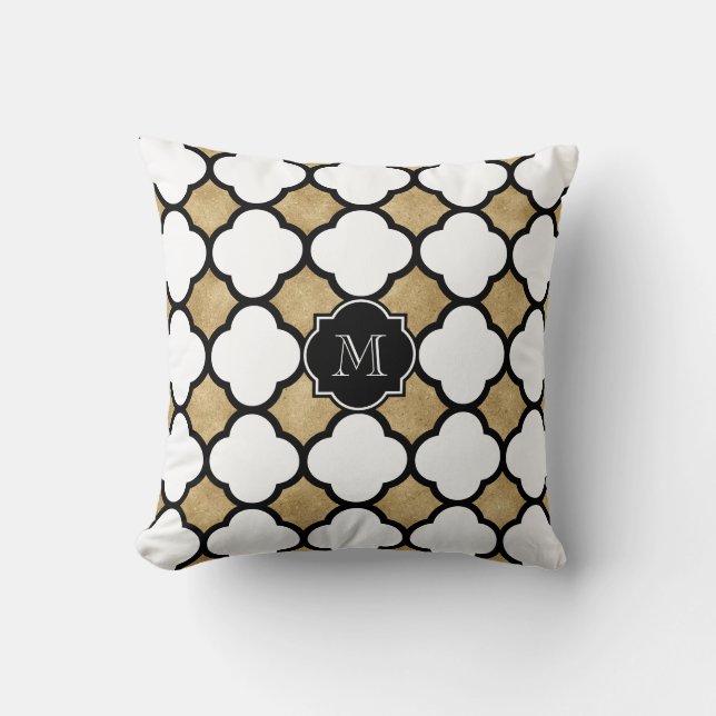 Monogrammed Gold White Black Geometric Quatrefoil Cushion (Front)