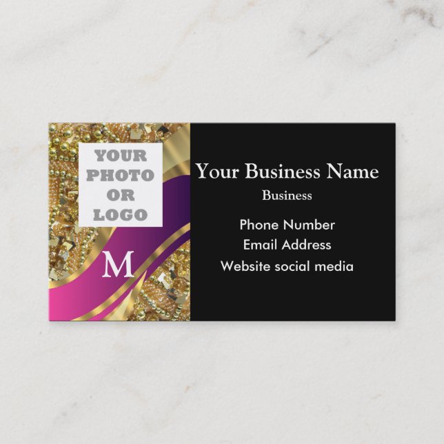 Monogrammed golden deep pink pattern and logo business card (Front)