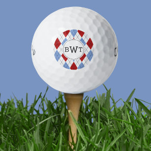 Monogrammed Golf Balls Blue Red Argyle Pattern