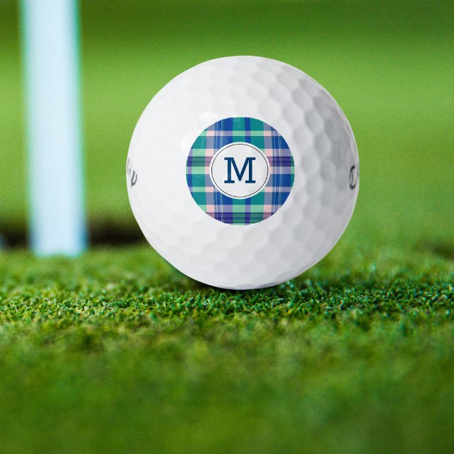Monogrammed Golf Balls Preppy PInk Blue Plaid (Creator Uploaded)