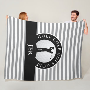 Monogrammed Golfer Grey Black Stripes For Him Fleece Blanket