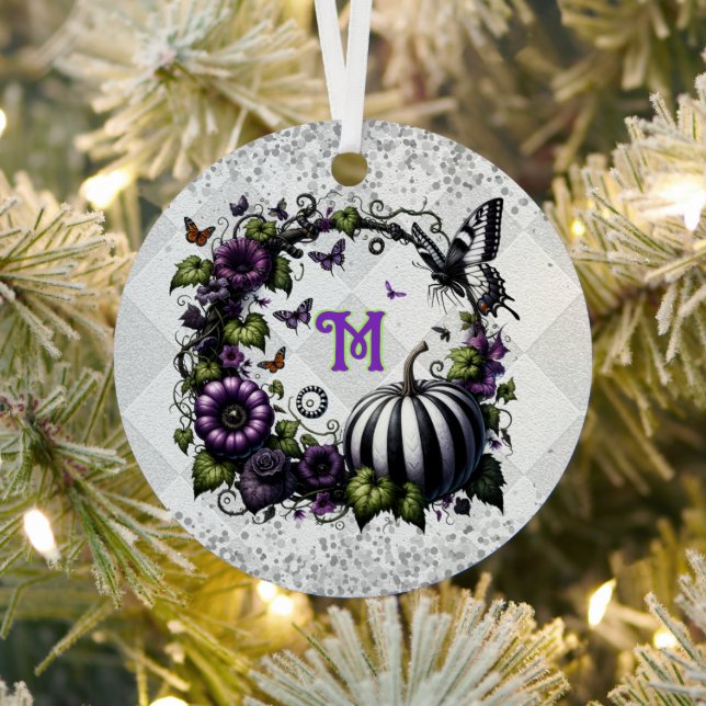 Monogrammed Goth Halloween Tree Pumpkin  Metal Tree Decoration (Insitu)