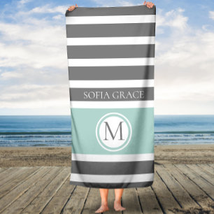 Monogrammed Gray and Mint Stripes Bath Towel
