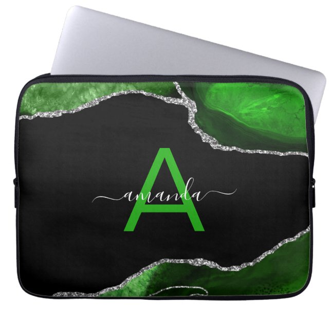 Monogrammed Green Agate with Silver Glitter Accent Laptop Sleeve (Front)