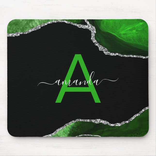 Monogrammed Green Agate with Silver Glitter Accent Mouse Pad (Front)