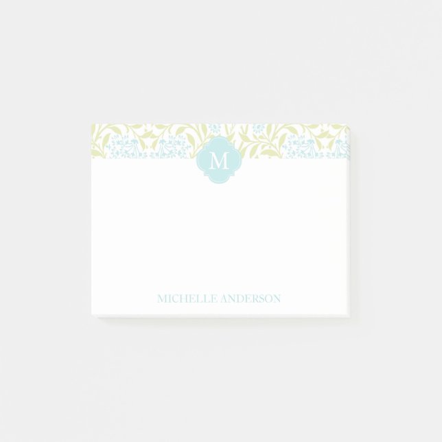 Monogrammed Green and Aqua Floral Damask Post-it Notes (Front)
