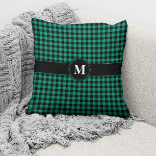 Monogrammed Green And Black Gingham Pattern Throw  Cushion