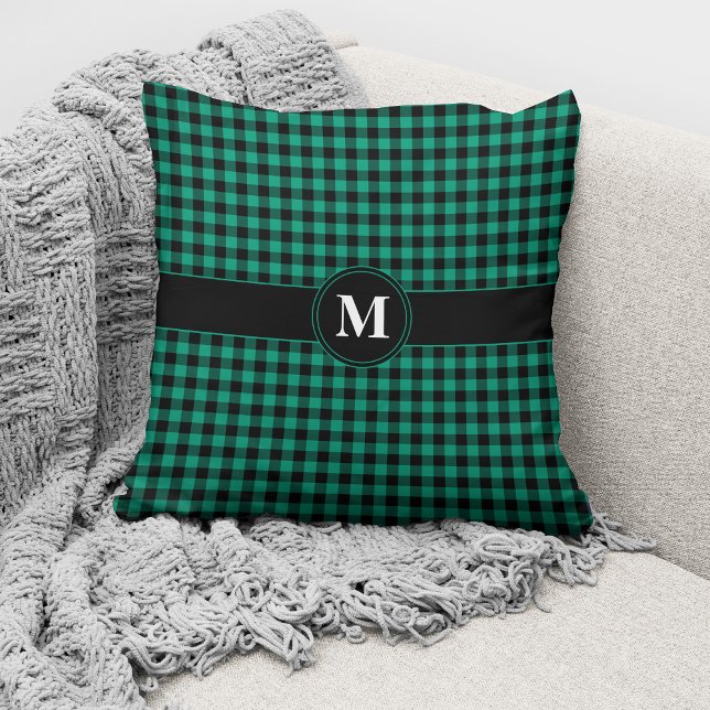 Monogrammed Green And Black Gingham Pattern Throw  Cushion (Creator Uploaded)