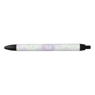 Monogrammed Green and Lavender Floral Damask Black Ink Pen