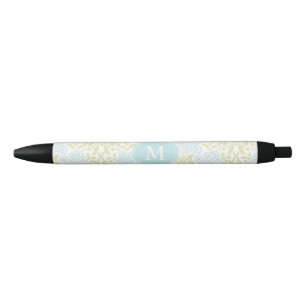 Monogrammed Green and Mint Floral Damask Black Ink Pen