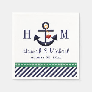 Monogrammed Green and Navy Anchor Nautical Wedding Napkin