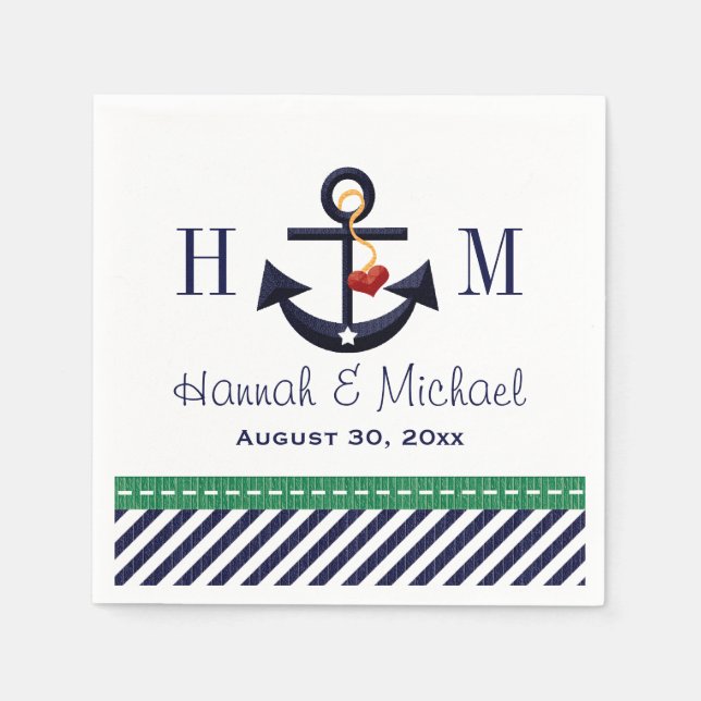 Monogrammed Green and Navy Anchor Nautical Wedding Napkin (Front)