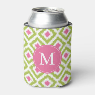 Monogrammed Green and Pink Diamonds Pattern Can Cooler