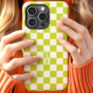 Monogrammed Green And White Chequerboard Pattern iPhone 15 Case
