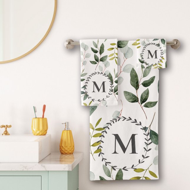 Monogrammed Green Eucalyptus Tropical Leaves Bath Towel Set (In situ bathroom wall)