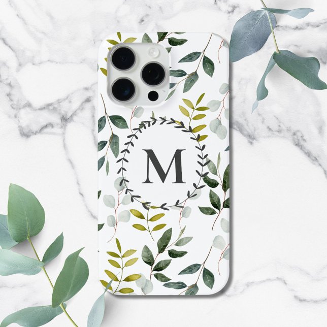 Monogrammed Green Eucalyptus Tropical Leaves iPad  Case-Mate iPhone Case (In situ on marble)