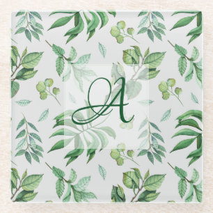 Monogrammed Green Leave Botanical Home Decor Glass Coaster