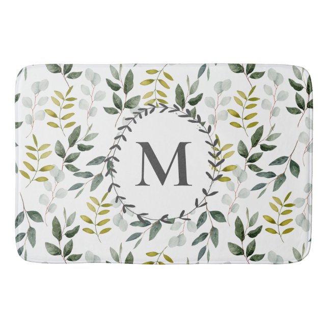 Monogrammed Green Leaves Watercolor Pattern Bath Mat (Front)