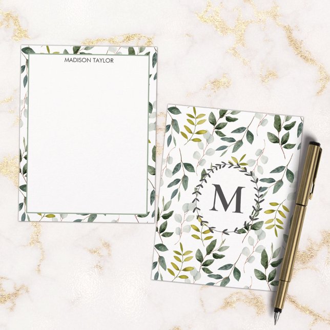 Monogrammed Green Leaves Watercolor Pattern Card (In situ marble desk)