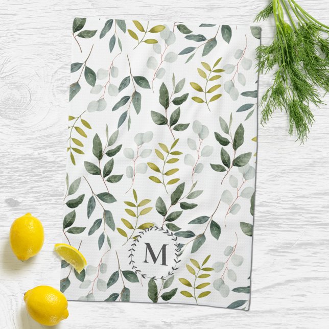 Monogrammed Green Leaves Watercolor Pattern Tea Towel (In situ kitchen table)