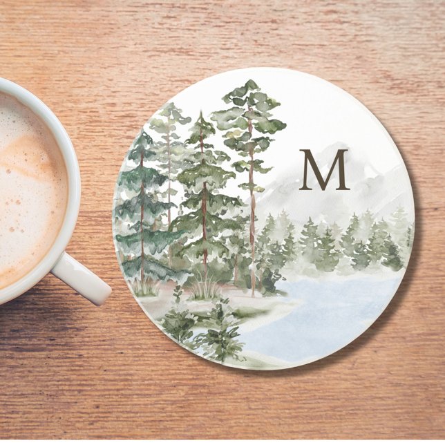 Monogrammed Green Pine Forest and Lake Coaster (In situ)
