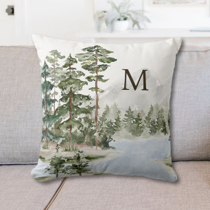 Monogrammed Green Pine Forest and Lake Cushion