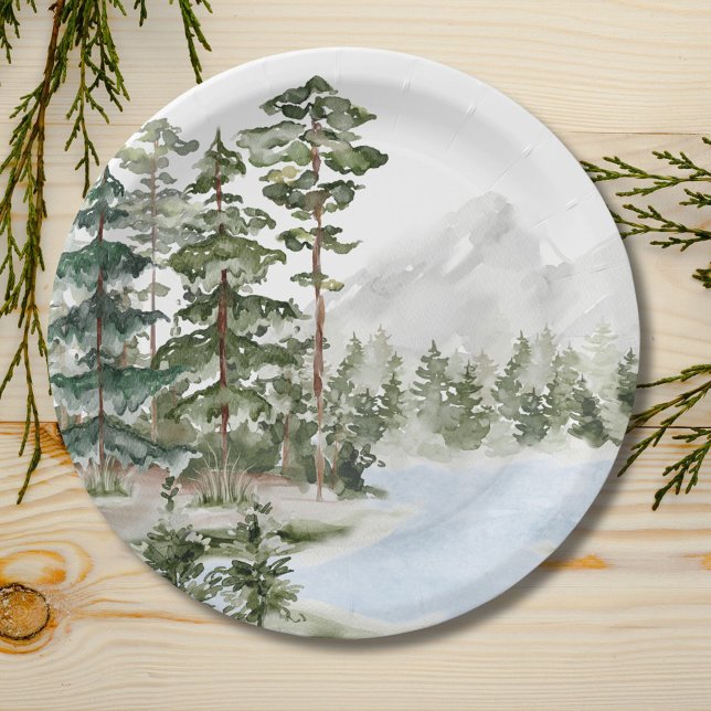 Monogrammed Green Pine Forest and Lake Paper Plate (In situ)