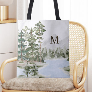 Monogrammed Green Pine Forest and Lake Tote Bag