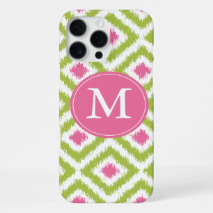 Monogrammed Green Pink Diamond Ikat Pattern iPhone 16 Pro Max Case