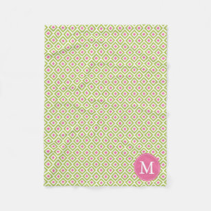 Monogrammed Green Pink Diamonds Ikat Pattern Fleece Blanket