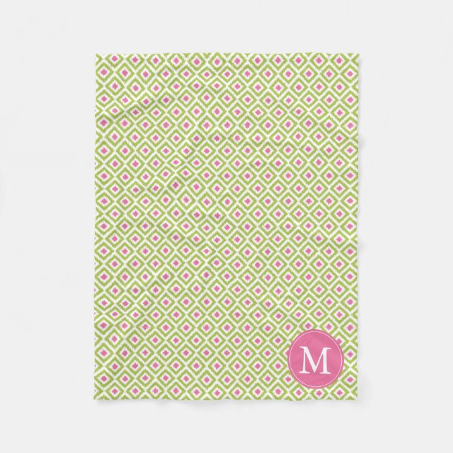 Monogrammed Green Pink Diamonds Ikat Pattern Fleece Blanket (Front)