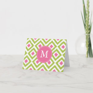 Monogrammed Green Pink Diamonds Ikat Pattern Note Card