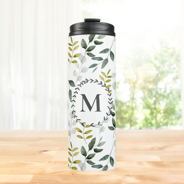 Monogrammed Green Tropical Eucalyptus Pattern Thermal Tumbler (In situ)