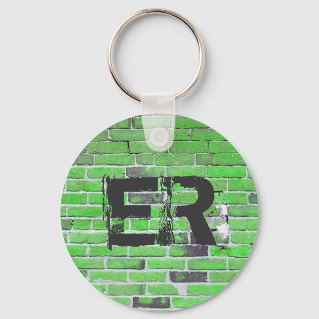 Monogrammed Green Vintage Brick Wall Texture Key Ring (Front)
