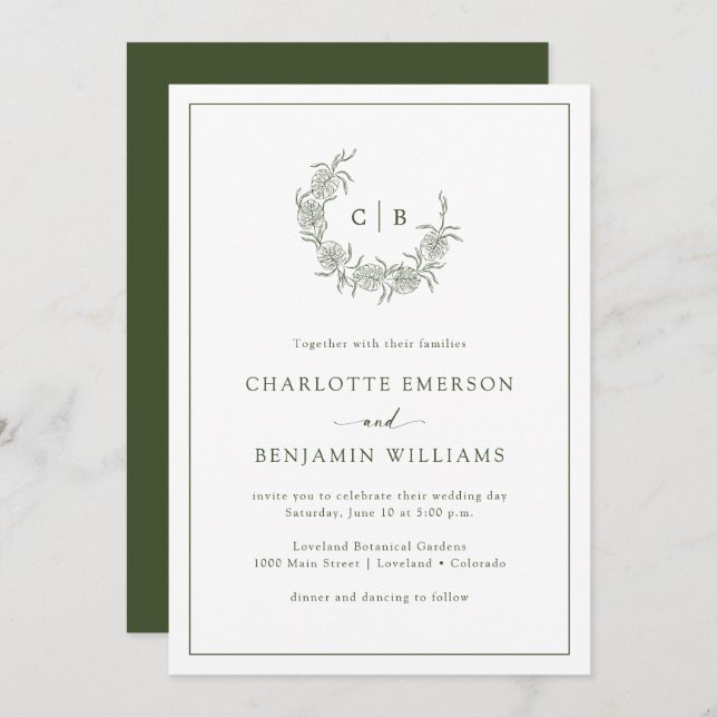 Monogrammed Green Wedding Invitations (Front/Back)