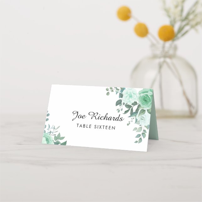 Monogrammed Greenery Flowers Wedding Place Card (Front)