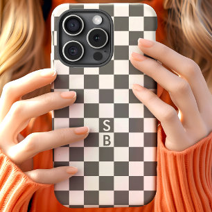 Monogrammed Grey And White Chequerboard Pattern iPhone 15 Case