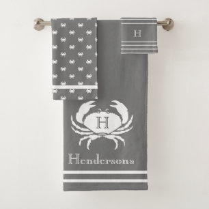 Monogrammed Grey and White Crab Nautical coastal Bath Towel Set