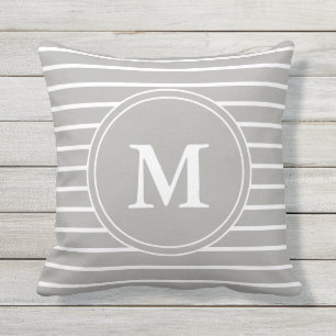 Monogrammed Grey and White Striped Pattern Cushion
