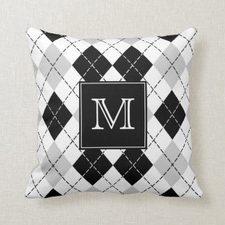 Monogrammed Grey Black and White Argyle Cushion