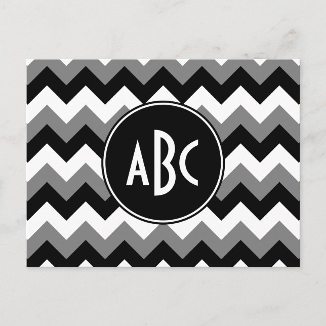 Monogrammed Grey Black and White Zigzag Postcard (Front)
