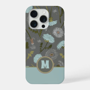 Monogrammed Grey Blue Dandelion Whimsical Flowers iPhone 15 Pro Case