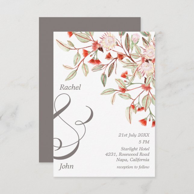 Monogrammed Grey & Blush Australian Floral Wedding Invitation (Front/Back)