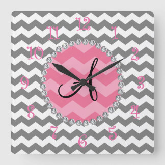 Monogrammed grey chevrons pink chevron circle square wall clock