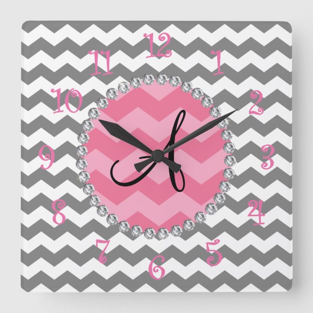 Monogrammed grey chevrons pink chevron circle square wall clock (Front)