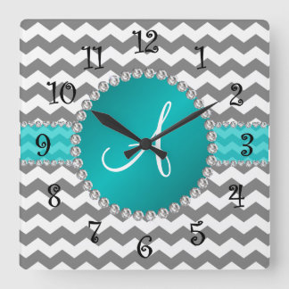 Monogrammed grey chevrons turquoise stripe square wall clock