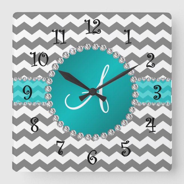 Monogrammed grey chevrons turquoise stripe square wall clock (Front)